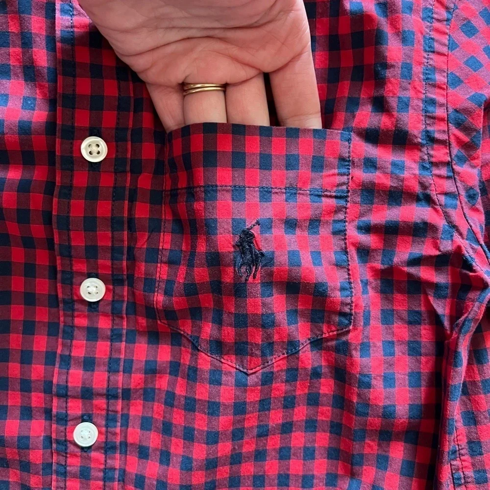 Ralph Lauren Red Navy Gingham Checkered Button Down Long Sleeve Shirt Boys S (8)